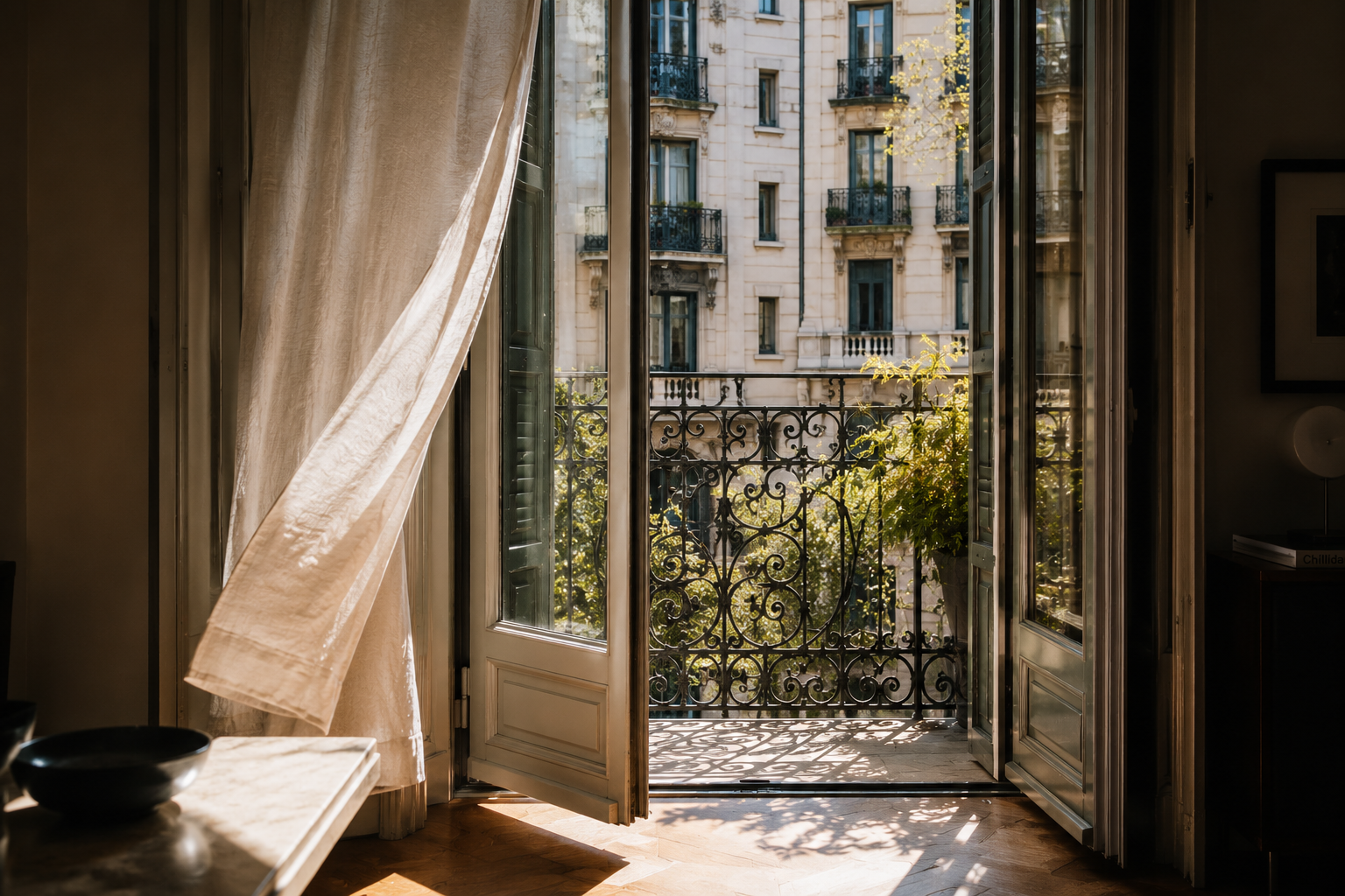 French balcony in morning light