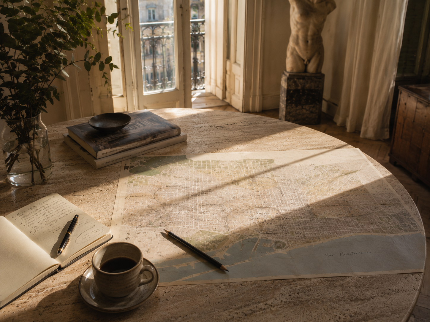 A vintage map of Barcelona on a stone table