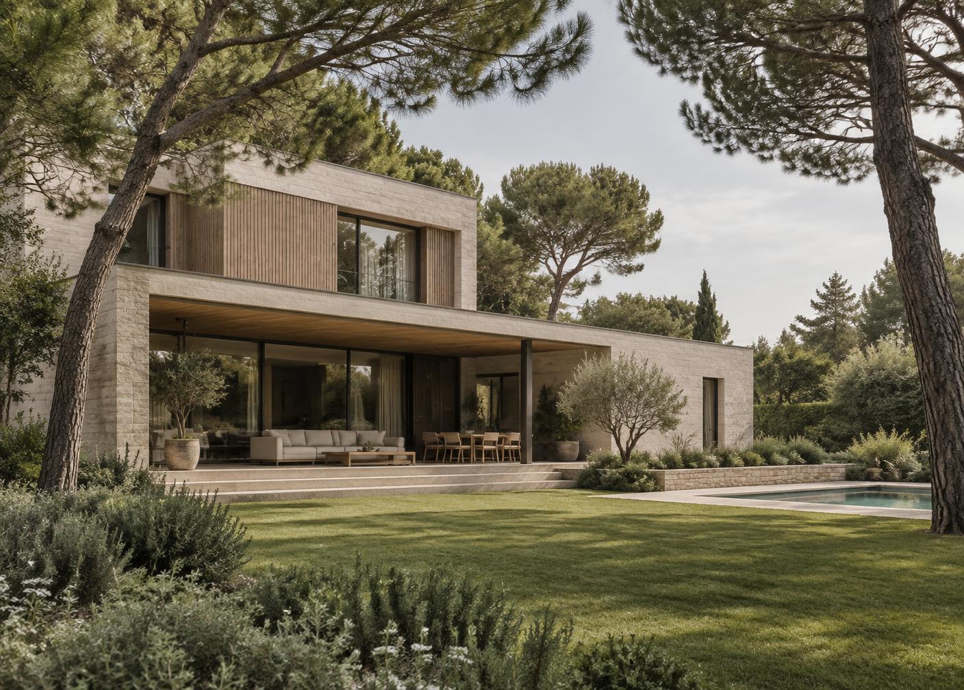 A contemporary stone and timber house with a mature garden